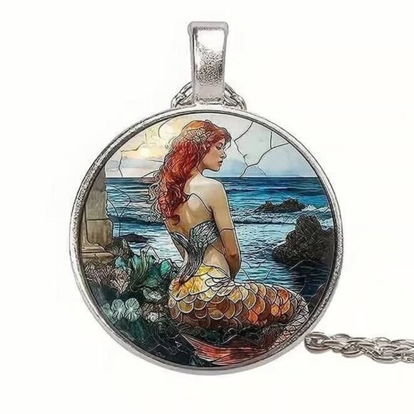 Silver MERMAID Glass Cabochon Pendant Necklace - Picture 2 of 3